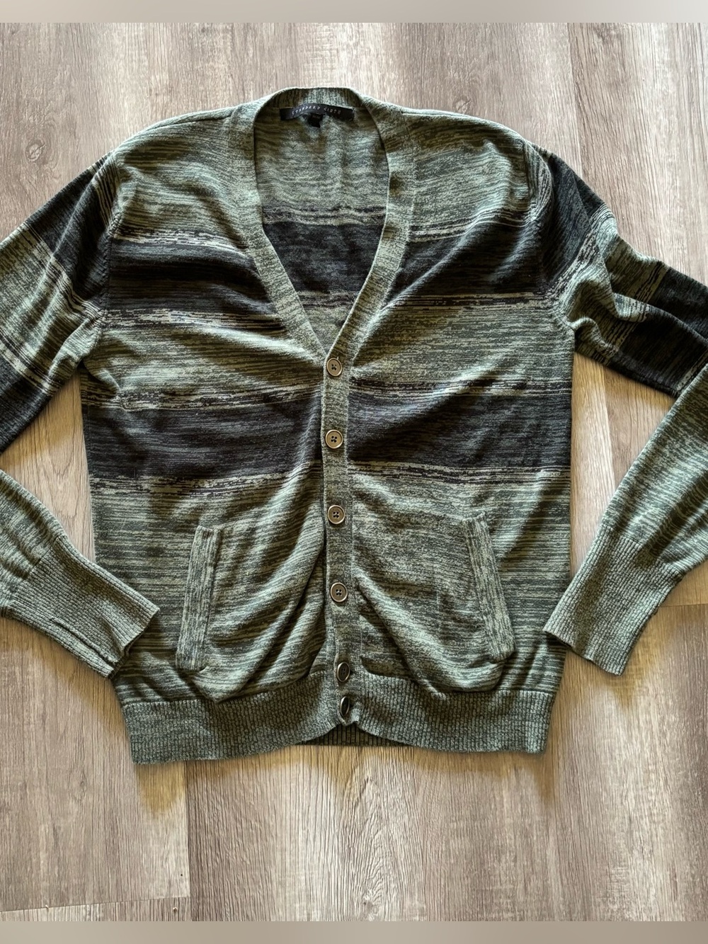 Standard Cloth Men's V-Neck Striped Knit Button Cardigan Sweater Pockets M